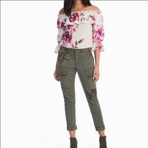 WHBM Embroidered Olive Green Crop Capri Pants Sz 6S